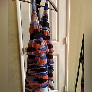 Arden B Haltered Colorful Tiered Dress in Black, Blue, and Orange